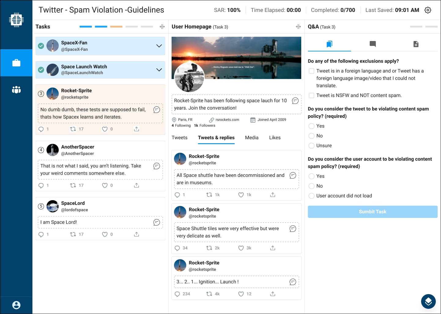 Innodata Twitter spam moderation workbench interface